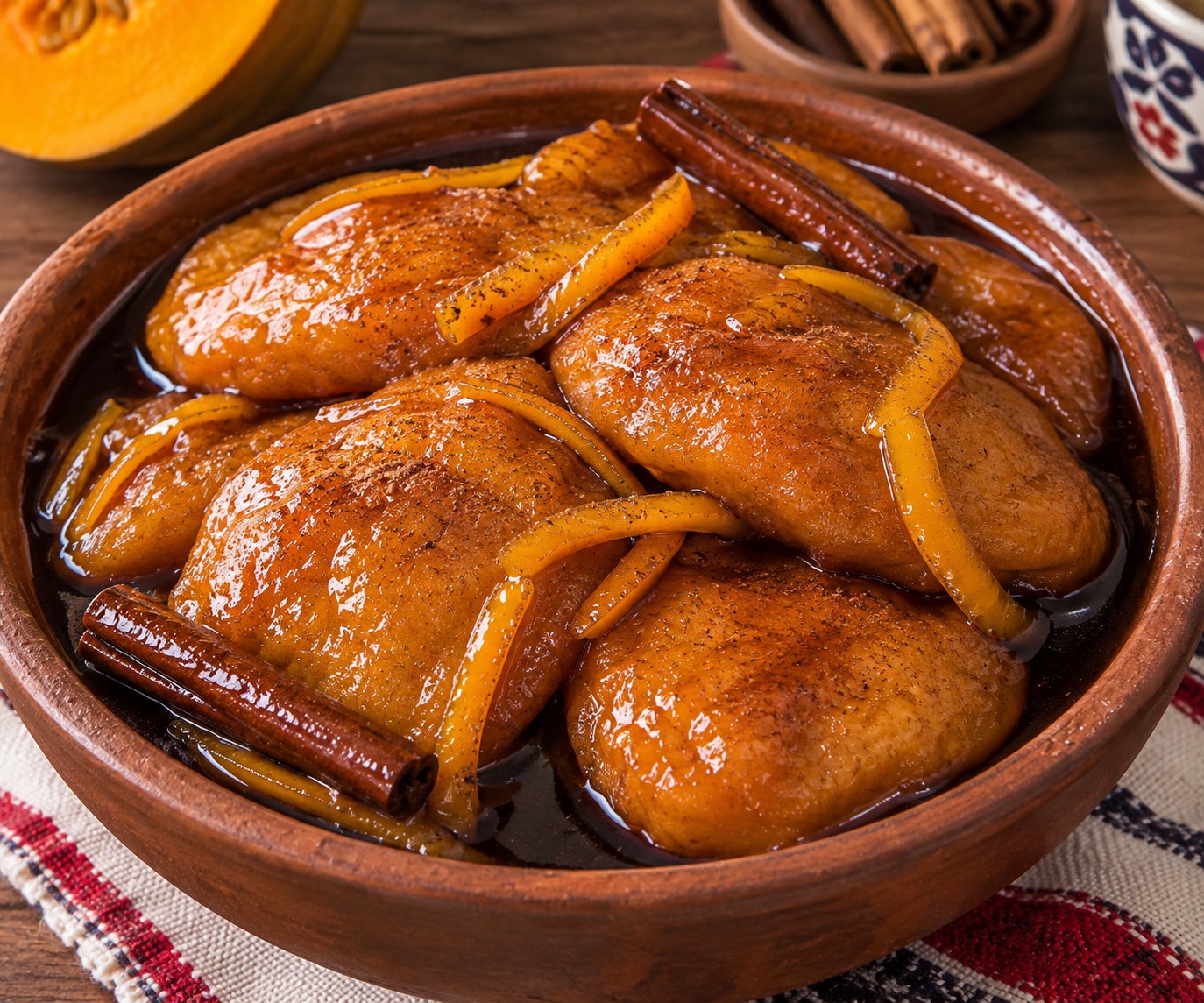 Sopaipillas fritas junto a una olla con chancaca especiada durante la preparación