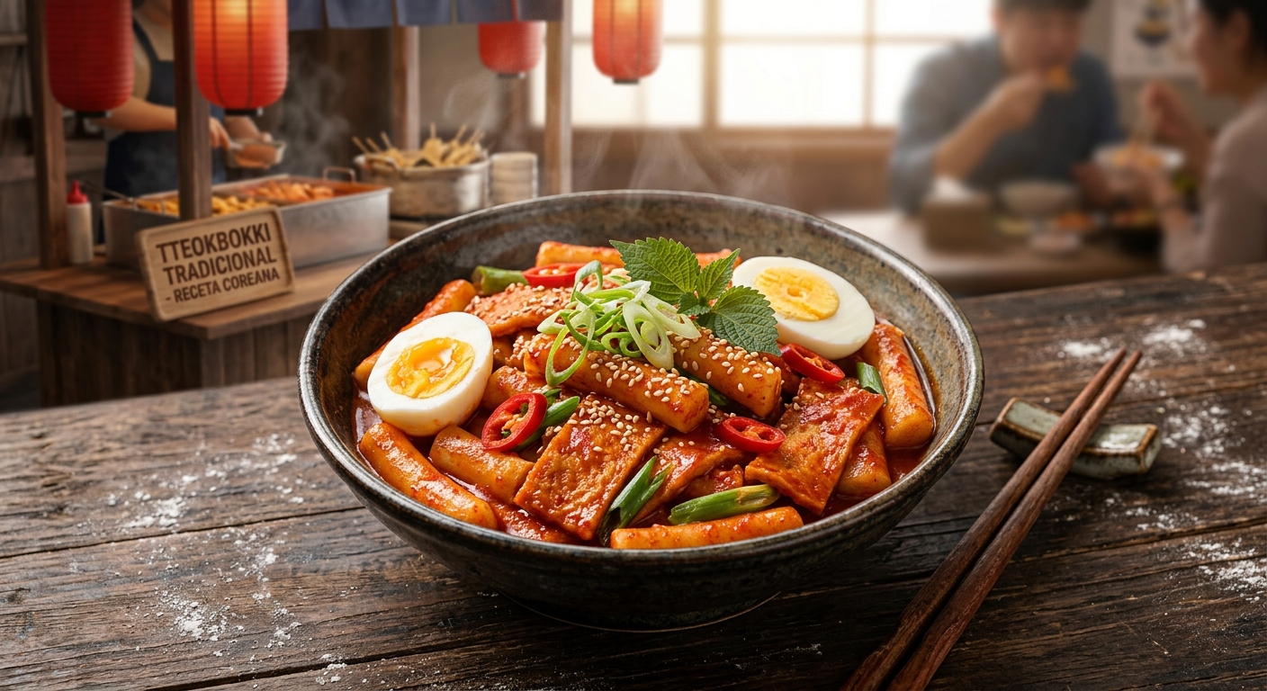 Tteokbokki coreano de arroz y pastel de pescado con salsa roja