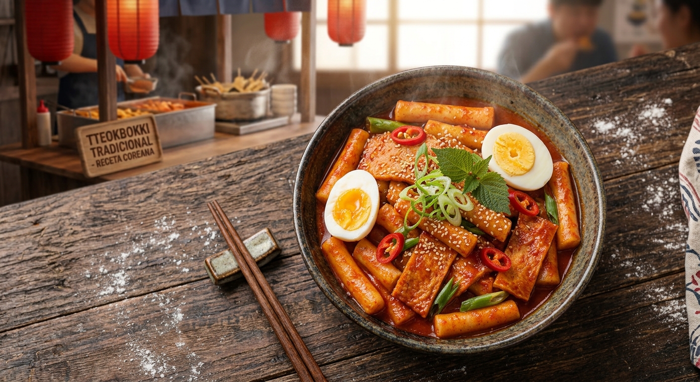 Detalle de los cilindros de arroz y la salsa espesa de tteokbokki